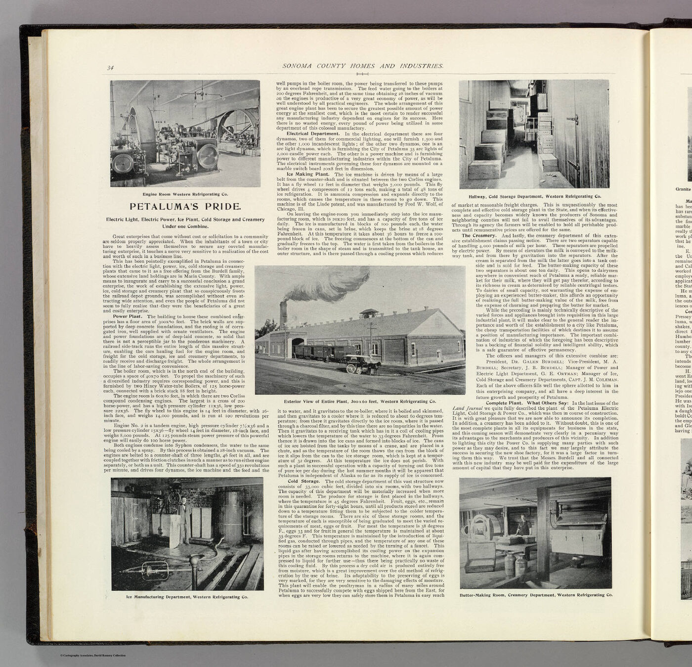 An 1898 illustrated plate titled 'Petaluma's Pride' showing the Western Refrigerating Co. engine room, ice-manufacturing department, exterior of the plant, cold-storage hallway, and butter-making department.