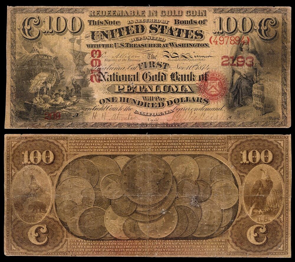 A National Bank Note issued in Petaluma, California, in 1870, engraved with the bank's name and an allegorical vignette.
