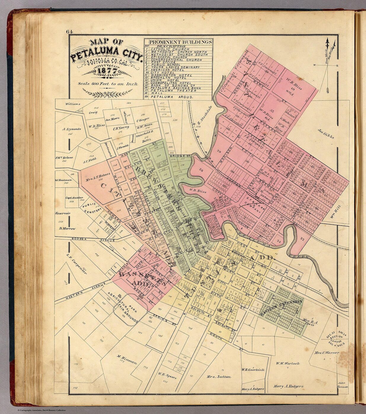 An 1877 lithographed map of the City of Petaluma showing the street grid and the Petaluma Creek winding through town.