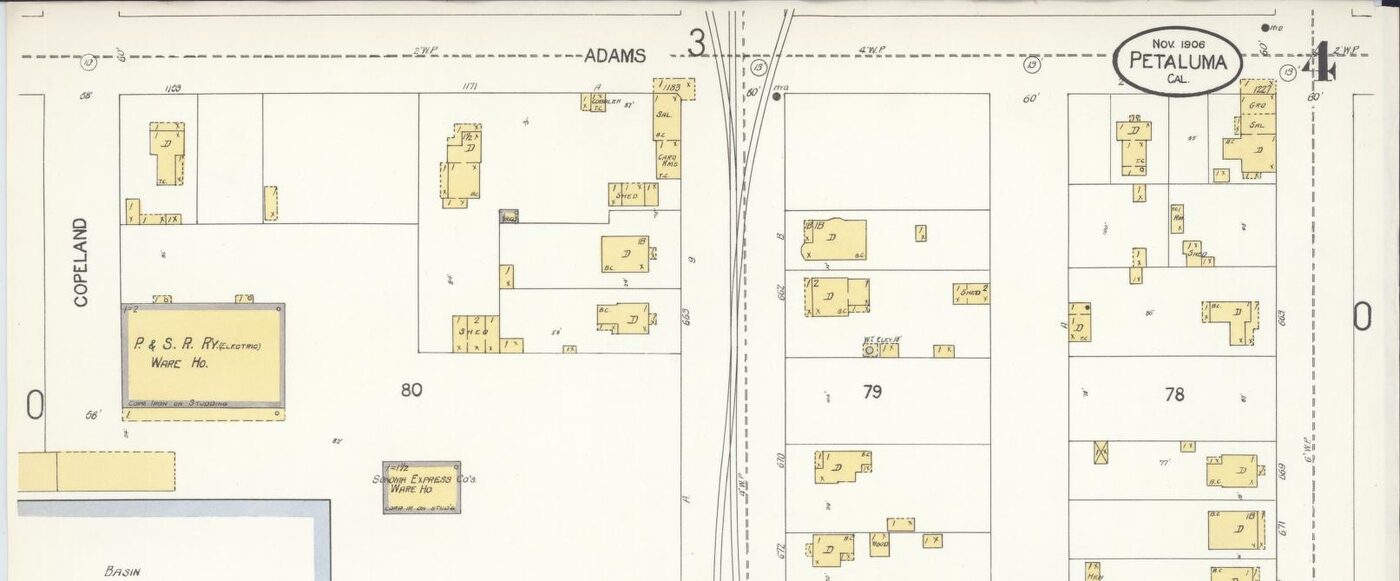 Detail of the November 1906 Petaluma Sanborn map with the street labeled ADAMS.