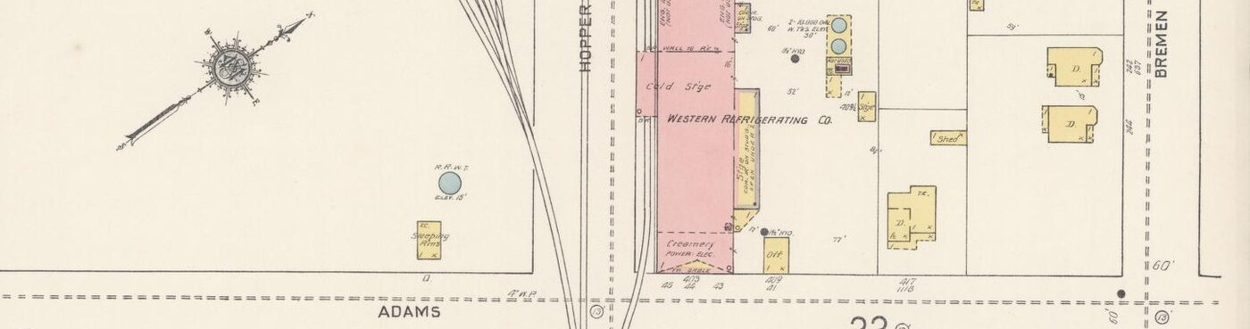 A 1910 Sanborn map detail showing the Western Refrigerating Co. cold storage, creamery and ice house between Adams Street and Hopper Street.