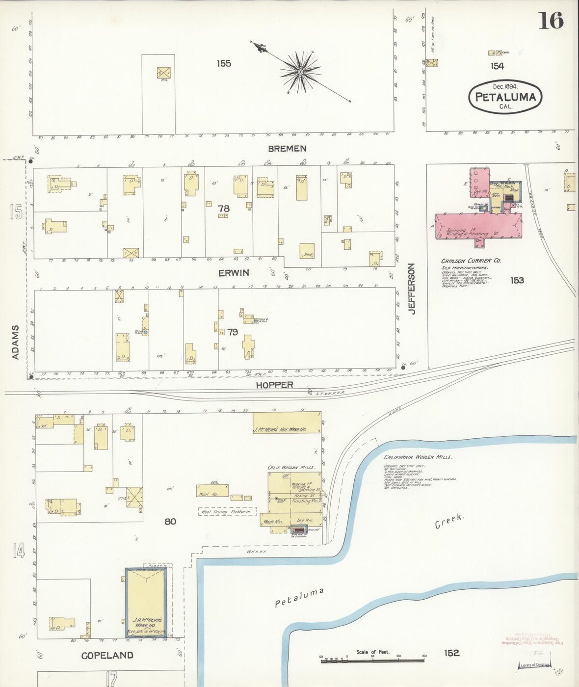 An 1894 Sanborn fire-insurance map detail labeling the building 'Carlson Currier — Silk Manufacturers' beside Jefferson Street.