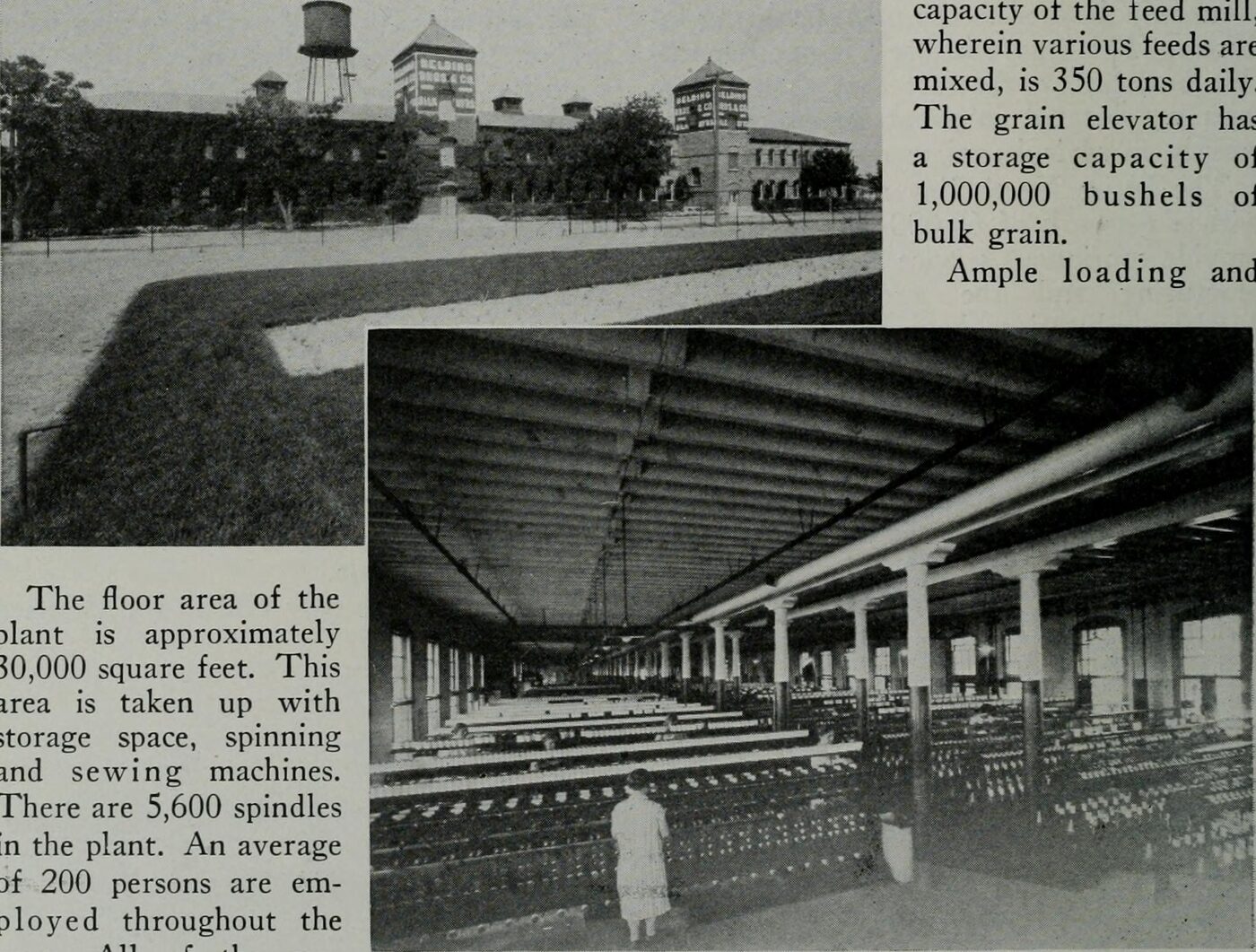 A 1924 magazine page showing the silk mill's exterior and its interior floor lined with spinning spindles, a worker standing among them.